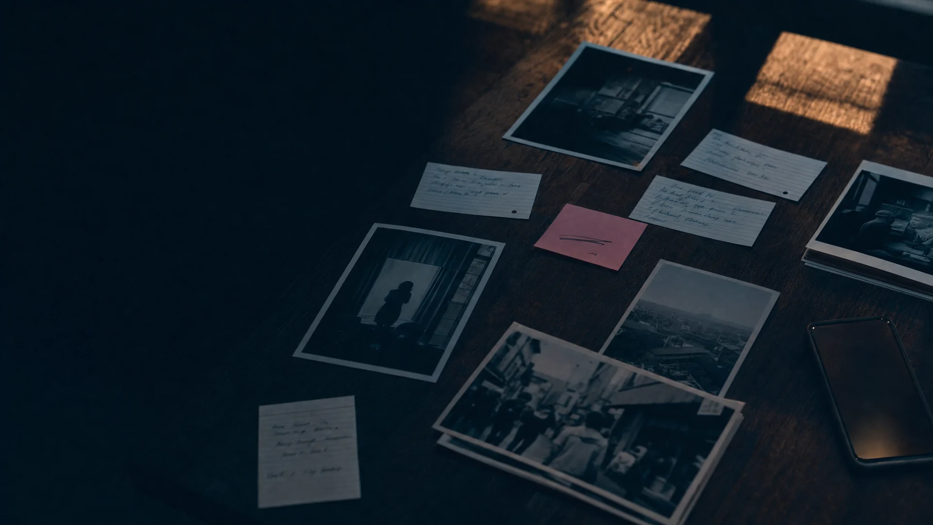 Scattered notes and photos resolving into one clean page, graded dark and cool