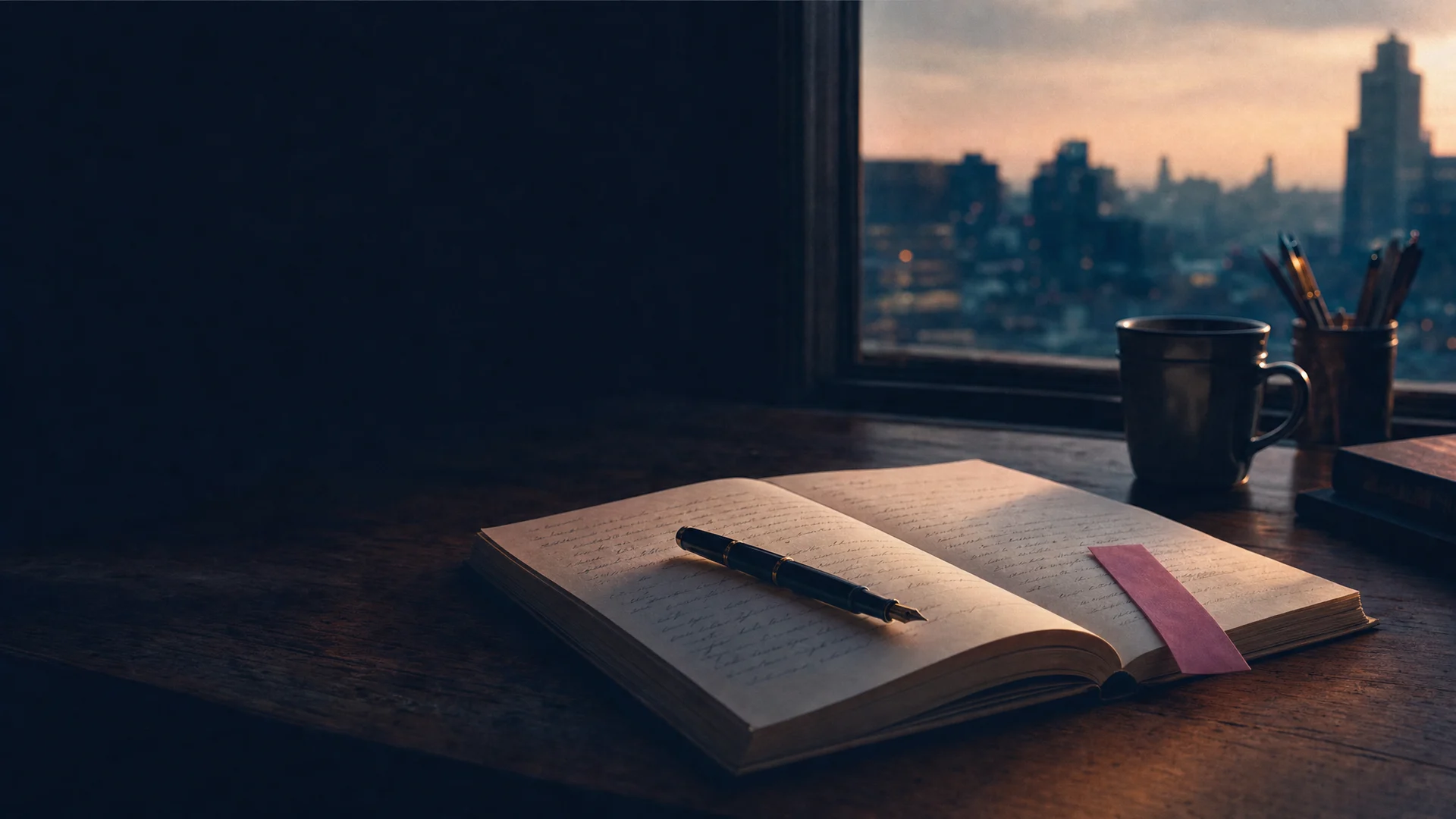 A writer's desk at golden hour, a city skyline graded dark and cool beyond the window